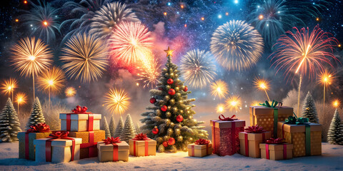 Christmas day fireworks lots of gift boxes