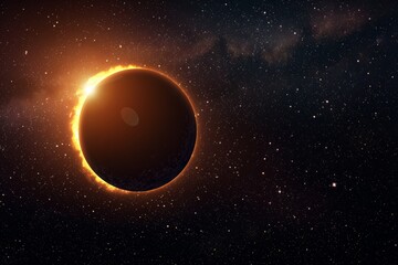 Fototapeta premium The spectacle of a solar eclipse captured in space, showing the sun partially obscured by the moon with a brilliant golden corona.