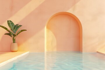 Vibrant rainbow colors on a 3D arch display - Stunning 3D  image featuring a vibrantly colored arch in a minimalist yellow environment. Beautiful simple AI generated image in 4K, unique.