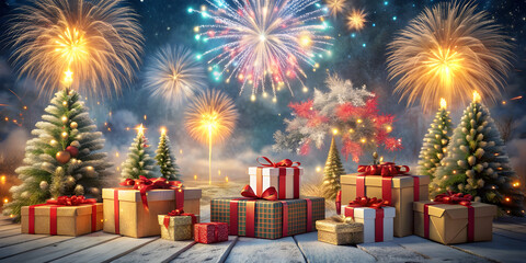 Christmas day fireworks lots of gift boxes