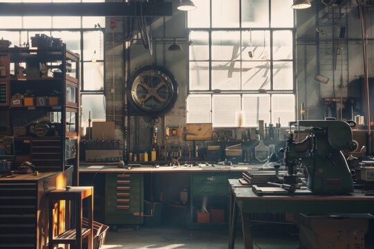 A spacious, sunlit workshop filled with industrial tools and machinery, reflecting a hub of creativity and craftsmanship.