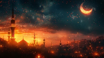 Fototapeta premium Ornate architecture illuminated by lanterns at night in Mosque,AI Generative.