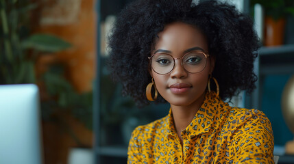 Confident African Woman in Office Setting With Glasses 