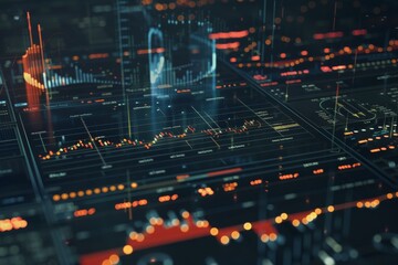 A 3D graphical representation of financial data and stock market trends, with glowing lines and charts against a dark backdrop.