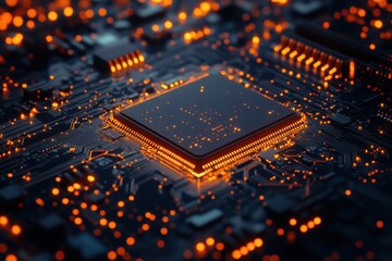 In-depth perspective of a modern microprocessor on a circuit board, accentuated by vibrant orange illuminations showcasing advanced tech and intricate designs