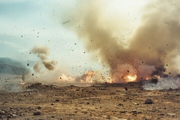 A powerful explosion in a barren landscape, with debris and smoke billowing into the sky, capturing a moment of intense energy and destruction.