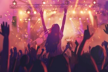 A vibrant concert scene with fans raising their hands amidst a dazzling array of colorful lights and energetic performers on stage.