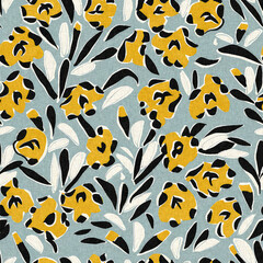 Modern printed fabric wildflower blockprint pattern with linen fabric textures. Stylized hand drawn boho dark florals for decorative design elements in repeatable background tile.