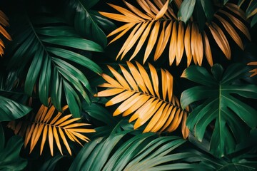 Naklejka premium Golden leaves on a verdant background: tropical plant photography for wallpapers showcasing palm leaves