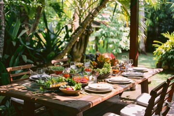 Obraz premium An inviting outdoor table is set for a lush garden feast, surrounded by vibrant greenery and bathed in warm sunlight.