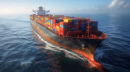 A large cargo ship navigating through open waters with colorful containers during daylight