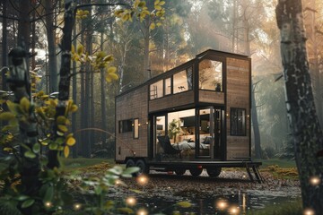 Fototapeta premium A cozy tiny house on wheels rests in a serene forest, bathed in soft, warm light with fairy lights twinkling, creating an enchanting and inviting ambiance.