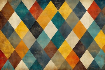 Retro triangular wall decor displaying tones of azure, gold, tangerine, and earthy hues, crafted using digital techniques and patterned geometry
