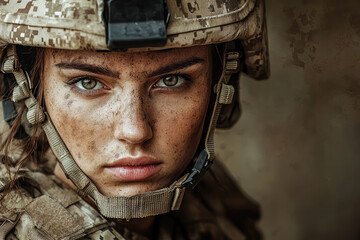 Battle-hardened female soldier with intense gaze, grime-covered face, and full combat gear embodies resilience and strength in gritty setting.