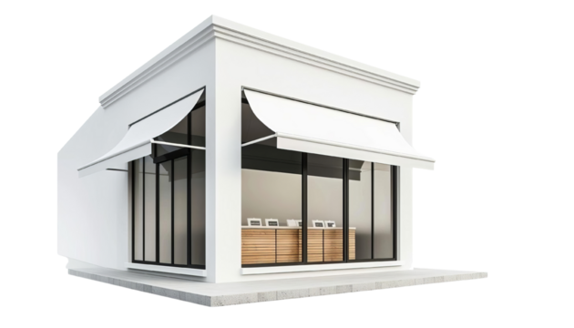 Modern retail store with large glass windows, featuring stylish awnings. Ideal for showcasing contemporary architecture.