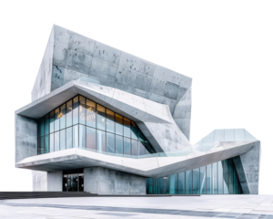 Stunning modern architectural structure with unique geometrical shapes and large glass windows, showcasing innovative design.