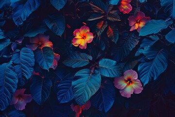 Vibrant tropical flowers in deep blue and purple foliage create a striking contrast, capturing the essence of a lush, exotic environment.
