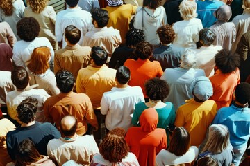 A diverse and colorful crowd gathered from behind, representing unity and multiculturalism.