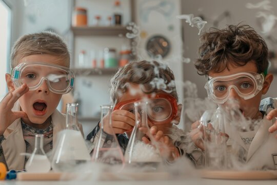Three excited children, wearing safety goggles, engage in a fun science experiment with beakers and dry ice in a lively classroom.