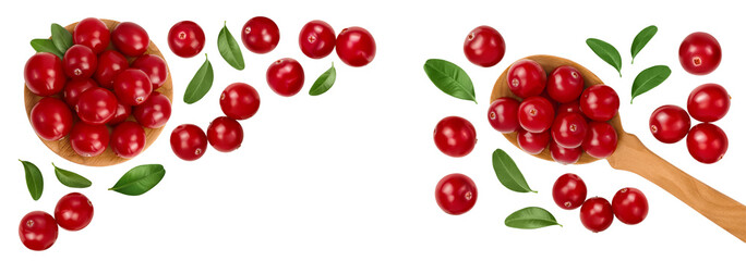 Cranberry in wooden bowl and spoon isolated on white background. Top view with copy space for your text. Flat lay