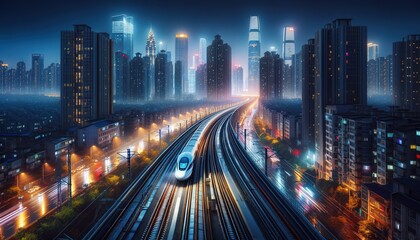 Fototapeta premium A modern high-speed train moves through the city at night