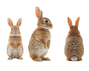 Three adorable rabbits in various poses, showcasing their fluffy fur and expressive features, perfect for nature-themed projects.