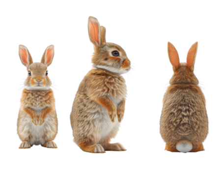 Three adorable rabbits in various poses, showcasing their fluffy fur and expressive features, perfect for nature-themed projects.