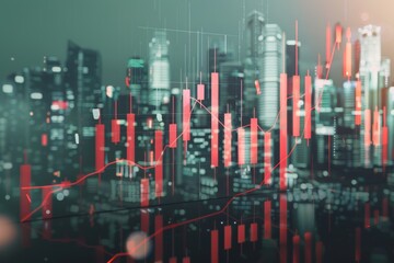A digital overlay of red financial data charts against a blurred cityscape at night, suggesting the dynamic and fast-moving nature of the market.