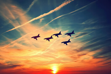 Obraz premium A squadron of fighter jets soar through the sky at sunset, their silhouettes cutting through the vibrant hues of orange, pink, and blue overhead.