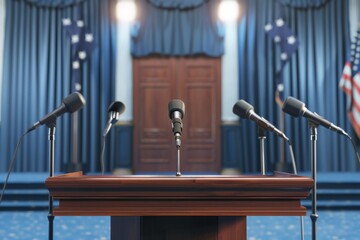 An official podium with multiple microphones stands ready in an elegant blue-curtained room, hinting at an important announcement or speech to be made.
