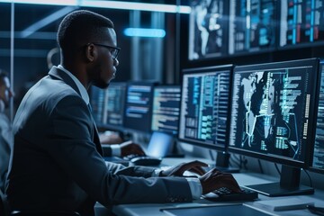 A professional analyzing multiple data-filled monitors in a high-tech environment, focusing intently on cybersecurity.