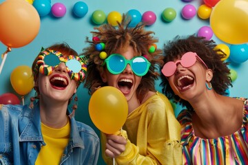 Three friends in vibrant outfits and funky sunglasses cheerfully holding balloons against a colorful background, evoking a joyful and festive atmosphere.