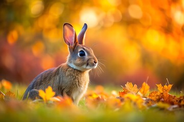 A hare on a meadow in the forest on a dry fallen leaf on a blurred background in autumn