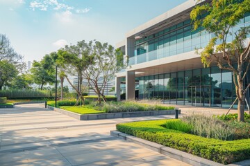 A well-manicured garden area with a modern glass-front building under the clear midday sky, exuding tranquility and tidiness.