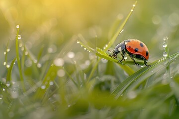 Obraz premium Sunset scene, red ladybug photo, macro ladybug photo close-up of ladybugs crawling back and forth. Beautiful simple AI generated image in 4K, unique.