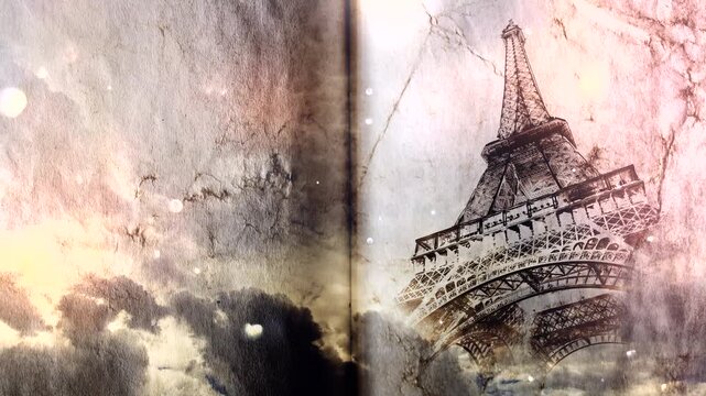 Eiffel Tower in Paris smoothly appears on old, grunge paper with time lapse of sky with clouds. Creative, combined 3D 4K parallax video of high quality. Template for a postcard or historical video.