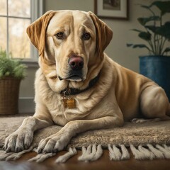 labrador retriever dog sits on bed