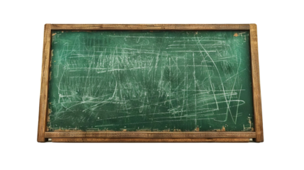 A classic green chalkboard with wooden frame, showcasing some chalk marks and scratches, perfect for educational settings.