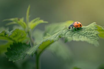 Fototapeta premium Extreme close-up of a ladybug crawling on a moss-covered rock.. Beautiful simple AI generated image in 4K, unique.