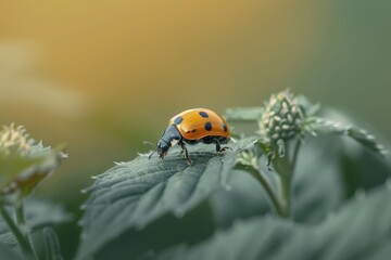 Obraz premium A close-up of a ladybug sitting on a delicate flower, showing their extraordinary beauty.. Beautiful simple AI generated image in 4K, unique.