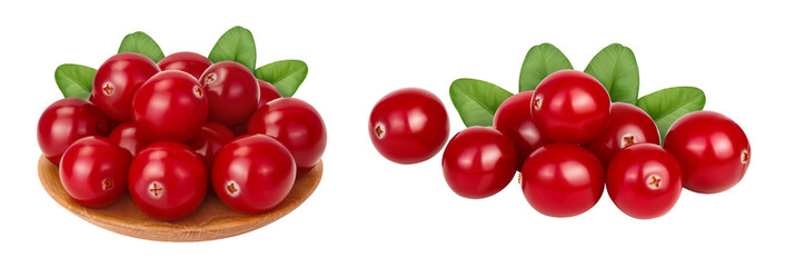 Cranberry in wooden bowl isolated on white background with full depth of field