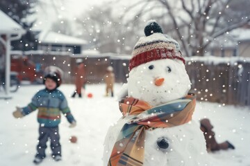 Obraz premium A snowman with a colorful scarf and hat stands proudly in a snowy backyard, while children play joyfully in the background.