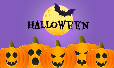 Halloween greeting banner, card with cute pumpkins, bats and other Holiday elements on purple background. Design template for advertising, web, social media. Vector illustration in cut paper style