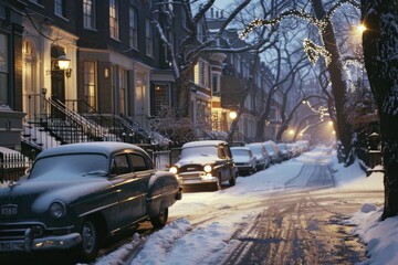 Fototapeta premium Snow-covered cars line a charming street as the evening light casts a soft glow, creating a picturesque winter scene.