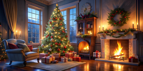 interior Christmas magic glowing tree fireplace