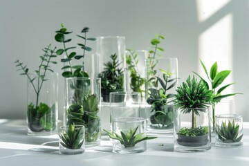 An array of diverse houseplants artistically arranged in clear glass vases, creating a modern and refreshing indoor garden display.