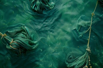 Obraz premium Fishing nets floating on sea water, forming intricate shapes and patterns, highlighted by the reflective surface of the water.