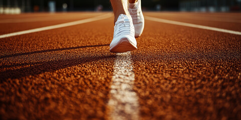 Detailed close-up of a sprinter's feet in mid-stride on a textured track surface, with Olympic lane markings visible, and a clear space at the top for text or branding 