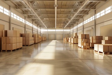 Open, well-lit warehouse with rows of stacked boxes and crates, indicating efficient storage and seamless operations.