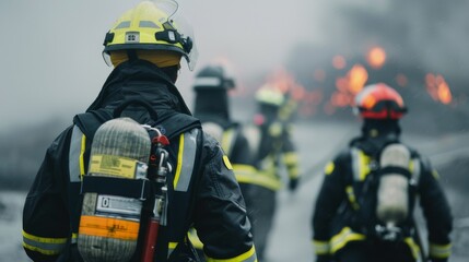 Obraz premium Firefighters in Protective Gear Responding to Industrial Fire at Dawn